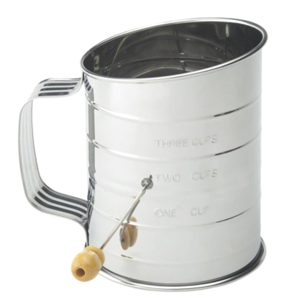 New Metal Flour Sifter Hand Crank.  Brand: Dash of That.  3 Cup Sifter Wire Mesh